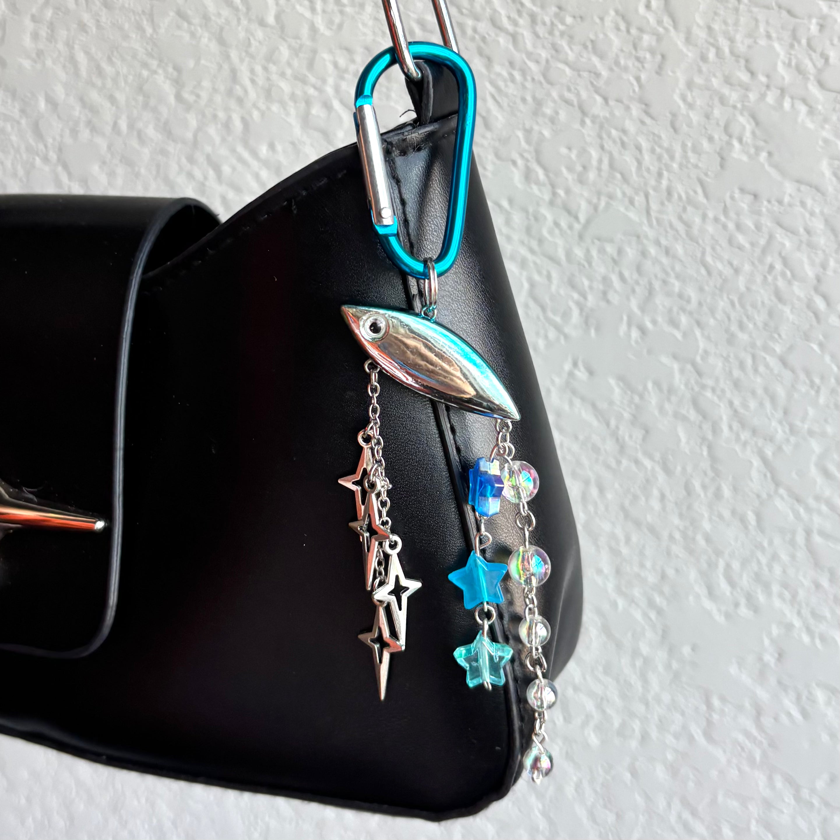 Mini Silver & Blue Fishing Lure Keychain with Stars & Pearls