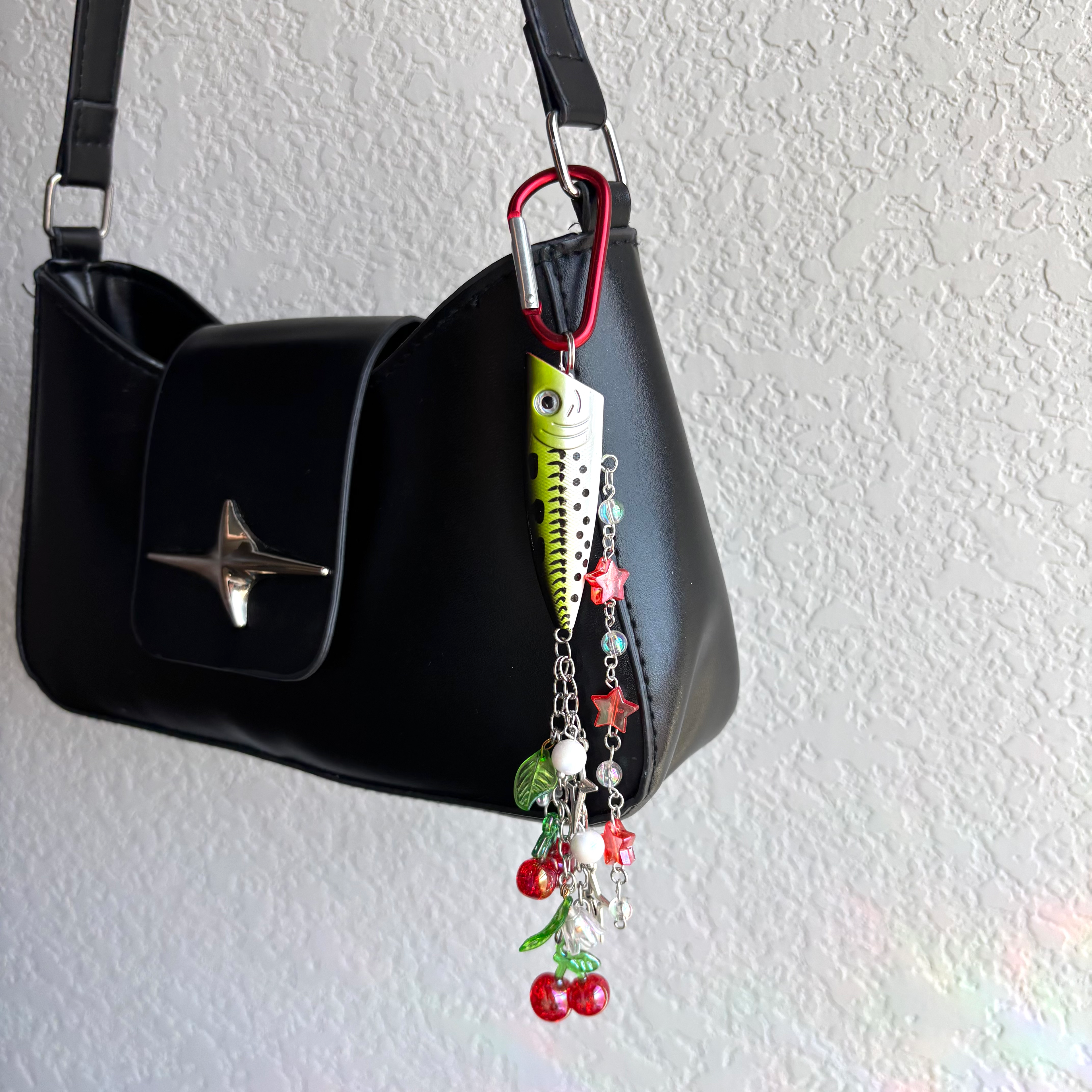Green Fishing Lure Keychain with Cherries