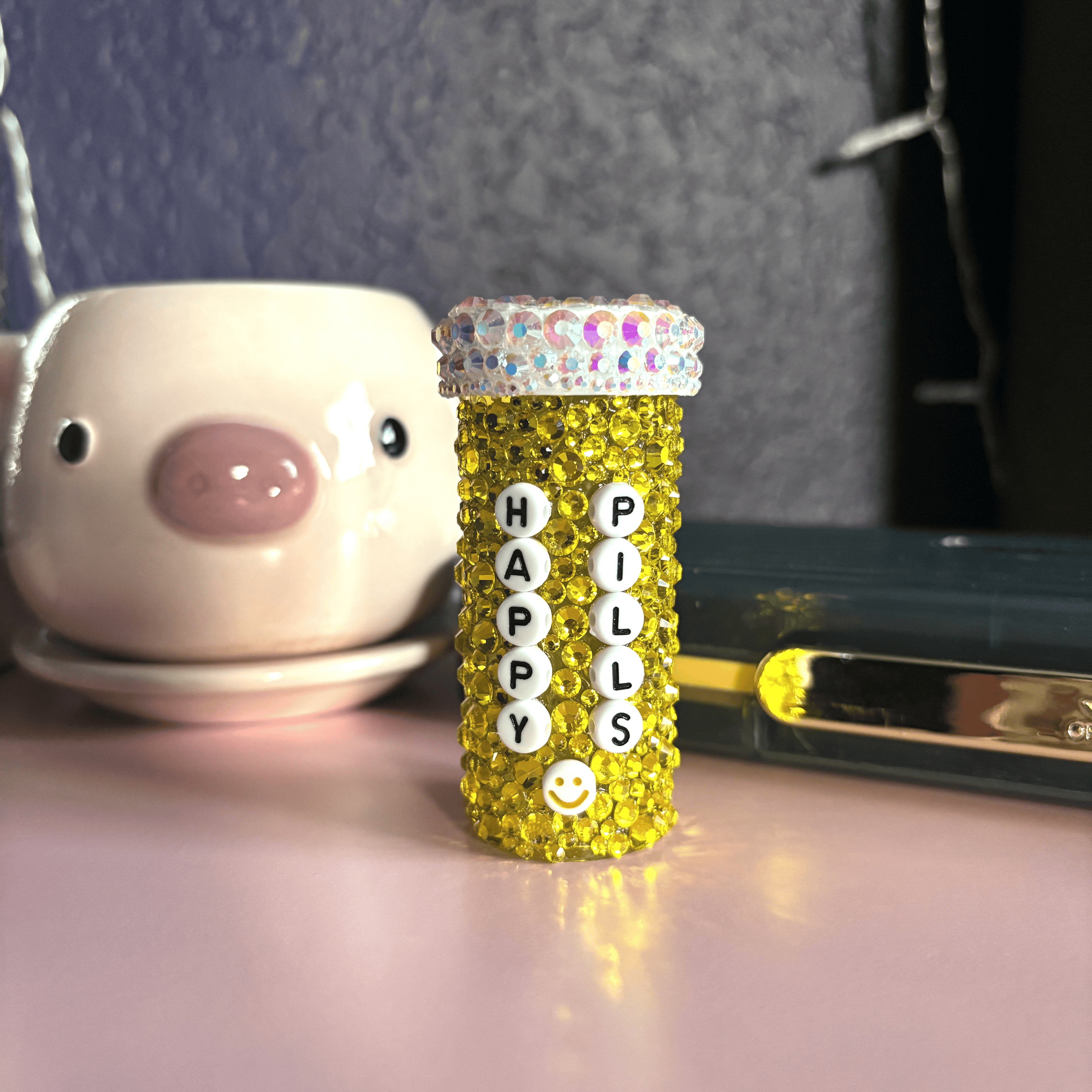 Yellow Rhinestoned Pill Bottle